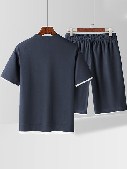 Waffle short-sleeved T-shirt Men's casual sports suit summer loose fake two-piece half-sleeve T-shirt set
