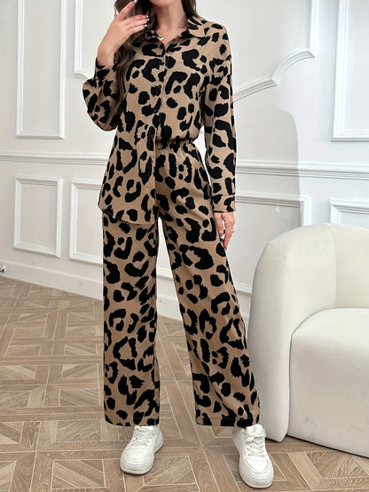 Elegant Women's Leopard Print Pants Set - Polyester Woven Suit with Notched Collar, All-Season Fashion Statement