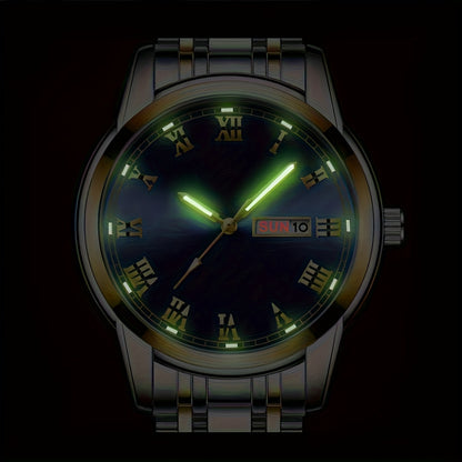 FOURRON Men'S Quartz Watch - Stainless Steel Band, Roman Numerals, Luminous, Waterproof, Ideal for Birthday & Holiday Gifts