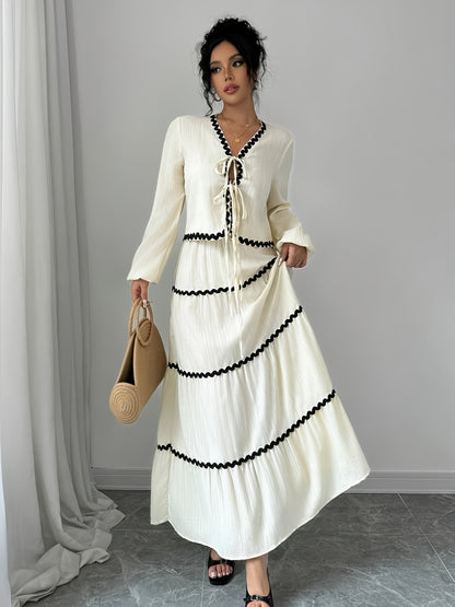 Women'S New Arrival Black and White Ruffled Lace Trim Long Sleeve Shirt with Tie Waist Umbrella Skirt Set, Stylish Elegant Vacation Commute Daily Wear Date Party Two-Piece Outfit Suitable for All Seasons