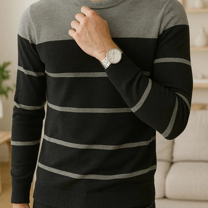 Men's Slim-Fit Striped Knit Sweater - All-Season Business Casual & Casual Attire, Navy Blue/White Horizontal Stripes with Contrast Trim, Round Neck Long Sleeve Pullover, Multi-Color Options (Black/Beige/Light Brown/Navy) - Co