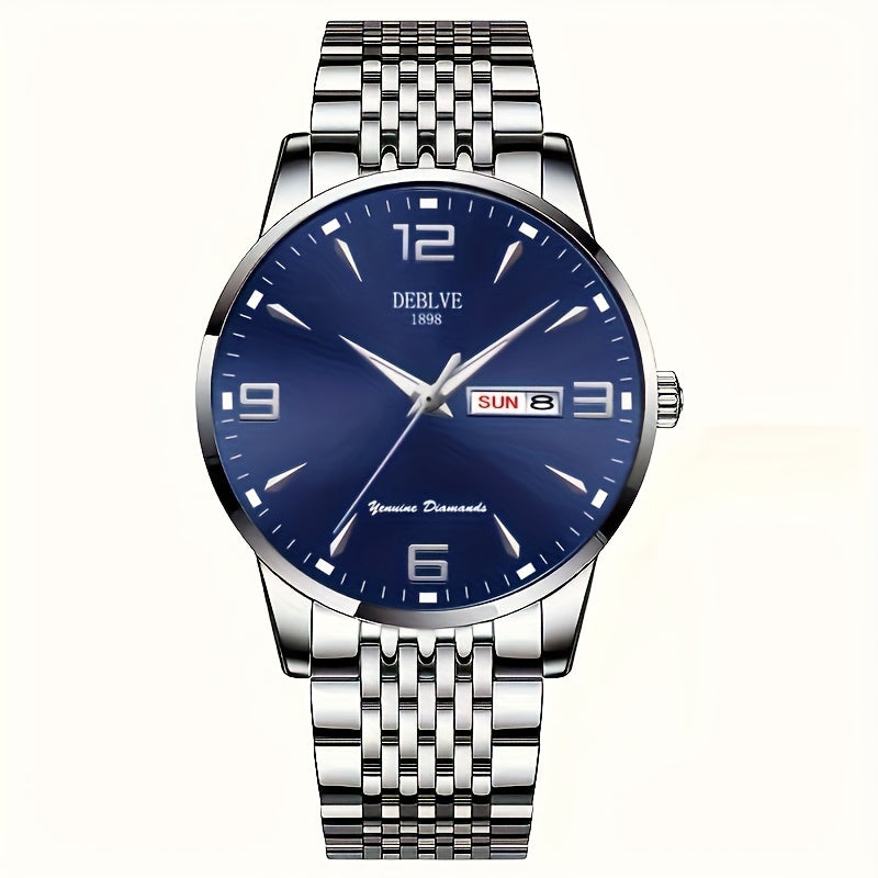 DEBLVE Men's Sleek Business Watch - Ultra-Thin Alloy, Luminous Hands, Calendar & Week Display, Waterproof, Sporty Steel Strap with Secure Clasp