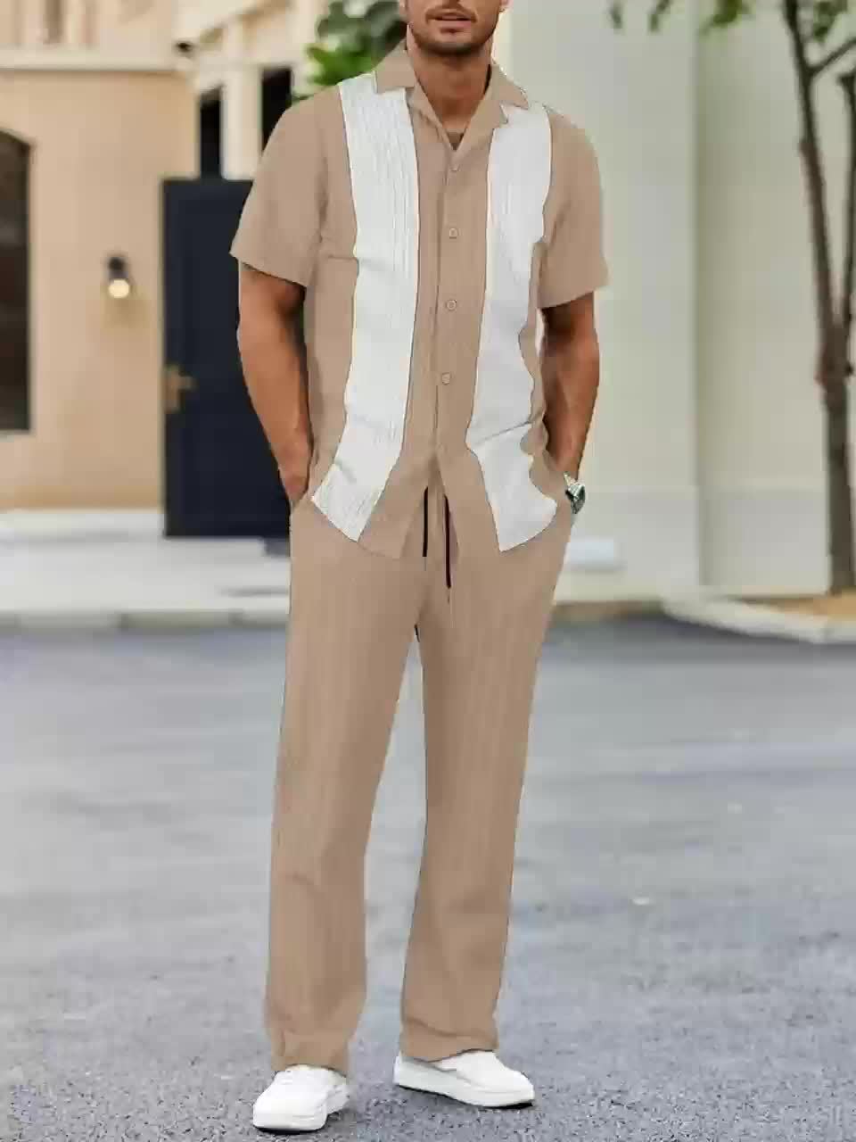 Men'S Color Block French Stripe Short Sleeve Shirt and Pants Set - Casual Button-Up Blazer with White Stripes, Dark Green Pants, Regular Fit for Casual Attire, Versatile Menswear | French Stripe Design | Nonstretch Fabric