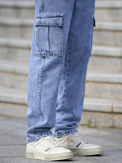 Men's Multi-Pocket Cargo Jeans - Casual Loose Fit Denim with Flap Pockets, Durable Cotton Blend, Ideal for All Seasons, Casual Wear Pants | Classic Blue Jeans | Cotton Blend Jeans
