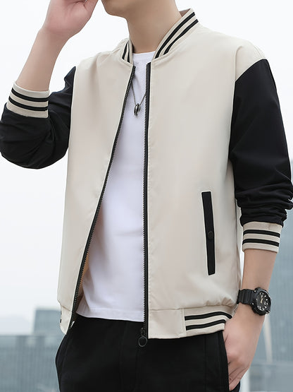 Men'S Lightweight Geometric Pattern Bomber Jacket - Casual Long Sleeve Zip-Up with Pockets, White & Gray, Polyester Lining, Perfect for Fall, Autumn Jacket