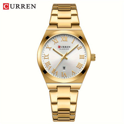 Fashionable Brand Of CURREN Ladies' Watches With A Casual And Simple Stainless Steel Strap, Featuring A Calendar And Quartz Movement.