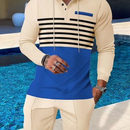 New Men's Casual Set Outdoor Versatile High Fashion Men's Hoodie Color blocked Striped Long Sleeve Top Long Pants Two Piece Set for Men