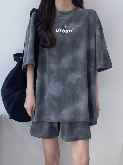 Women's Fashionable Tie-Dye Letter Print Comfortable Casual Loose Short Sleeve Top & Side Pocket Shorts Set - Summer Sporty Outfit in Gray, Polyester/Spandex Blend
