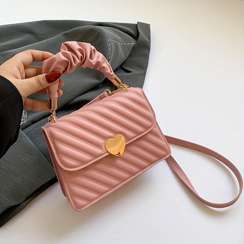 Women'S Fashion Shoulder Bag, Korean Version, Faux Leather, Quilted Solid Color, Heart Accent, Removable Strap, Magnetic Closure, Synthetic Faux Leather Lining, Painted Edges, Versatile Crossbody Purse - Available in Black, R