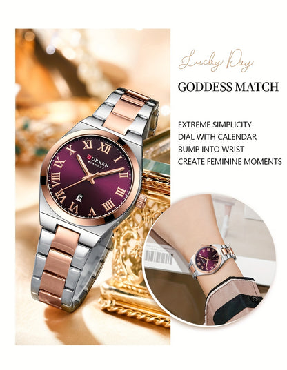 Fashionable Brand Of CURREN Ladies' Watches With A Casual And Simple Stainless Steel Strap, Featuring A Calendar And Quartz Movement.