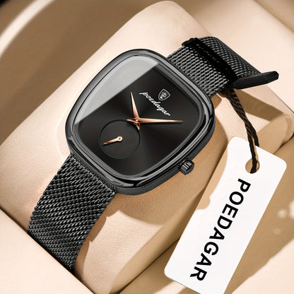 POEDAGAR Elegant Women's Quartz Watch - Waterproof, Stainless Steel Mesh Band, Rose Golden Square Dial, Black Strap, Perfect for Parties & Casual Attire, Stylish Timepiece | Elegant Design | Mesh Strap Watch, Watch Accessorie