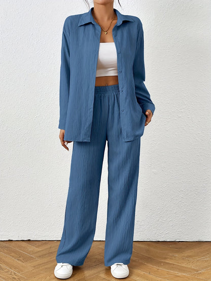 2pcs Women Spring & Autumn Casual Solid Color Long Sleeve Shirt And Pants Set