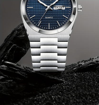 POEDAGAR Elegant Women'S Quartz Watch, Luminous Calendar, Stainless Steel Band, Round Alloy Case, Fashionable Night-Glowing Dial with Blue & Orange Accents
