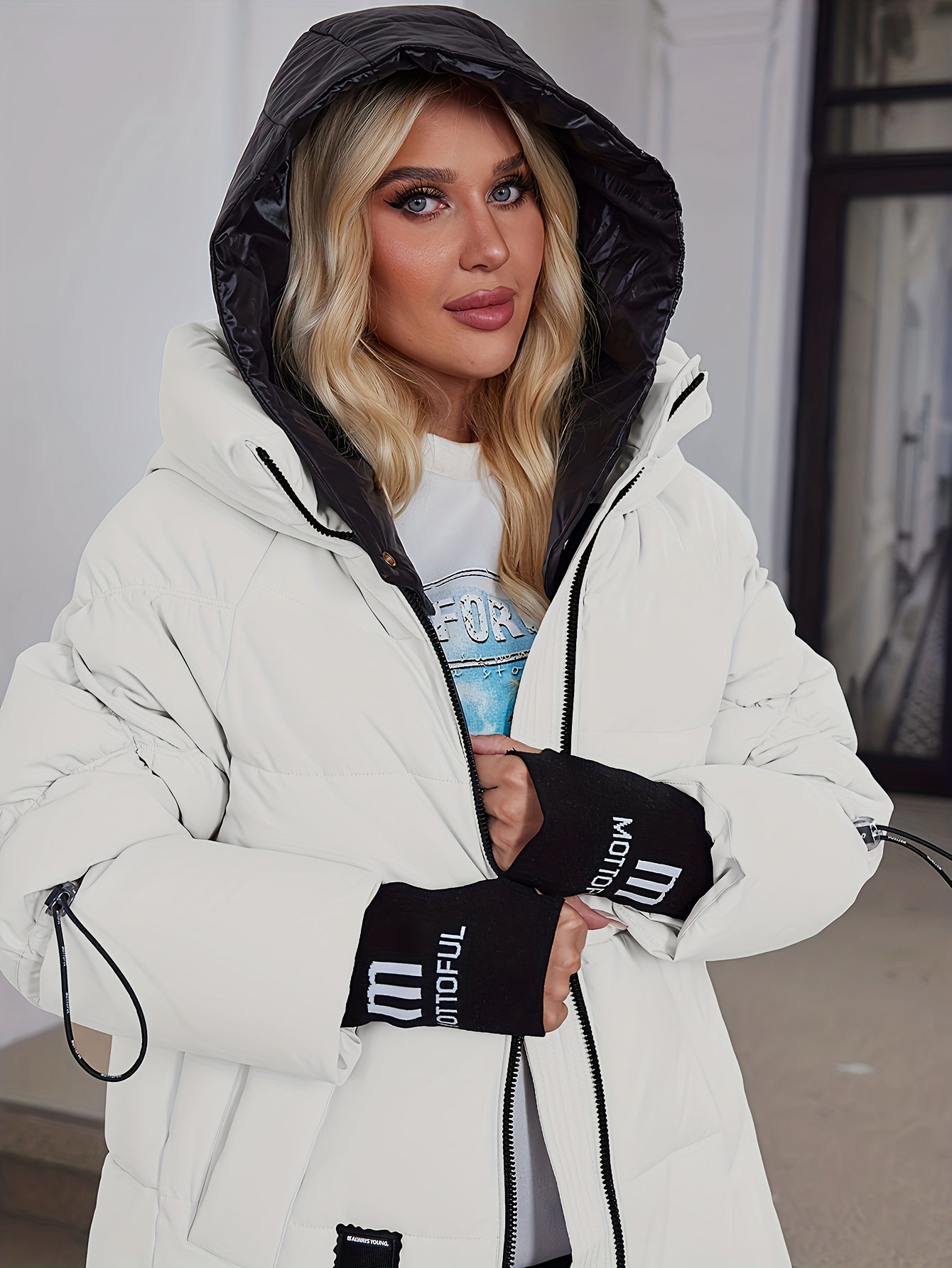 Women's Stylish Beige Puffer Jacket - Casual Warm Winter Coat with Black Trim, Long Sleeves & Zippered Hood, Polyester Fabric for Outdoor Comfort