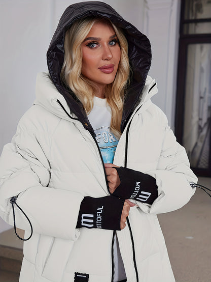 Women's Stylish Beige Puffer Jacket - Casual Warm Winter Coat with Black Trim, Long Sleeves & Zippered Hood, Polyester Fabric for Outdoor Comfort