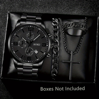 SOKI Men'S Casual Quartz Watch Set, 4pcs, Round Dial, Alloy Case, Stainless Steel Strap, Pointer Display, Calendar Feature, Non-Waterproof, Electronic Movement, Battery Powered, with Silvery Cross Pendant Necklace Ring Bracel