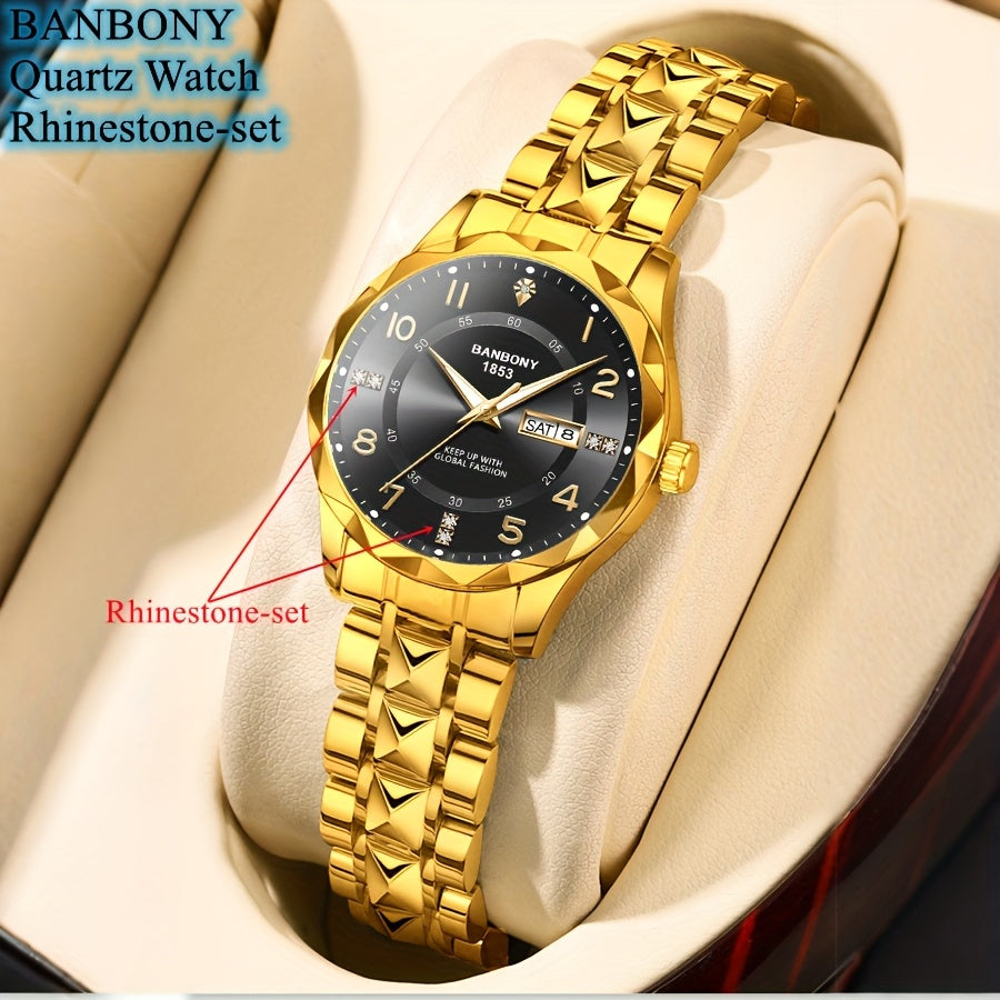 Banbony Women'S Quartz Watch - Luxury IPX7 Waterproof Stainless Steel Strap, Luminous Display, Rhinestone Accents, Date & Night Light, Minimalist Black Dial, Perfect Gift for Women, Casual Timepiece, Elegant Timepiece, Highqu