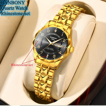 Banbony Women'S Quartz Watch - Luxury IPX7 Waterproof Stainless Steel Strap, Luminous Display, Rhinestone Accents, Date & Night Light, Minimalist Black Dial, Perfect Gift for Women, Casual Timepiece, Elegant Timepiece, Highqu