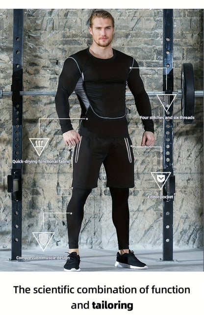Men'S 3pcs Athletic Set, Breathable Mesh Long Sleeve Top, Skinny Fit Polyester & Spandex, Crew Neck, Solid Color, High Stretch, for Running, Basketball, Hiking, Training - Fall/Winter Sports Outfit
