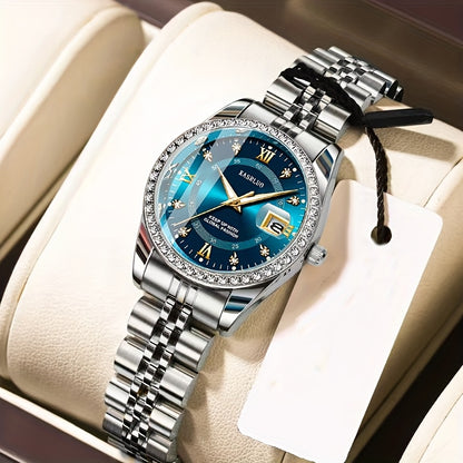 KASRLUO Women's Stainless Steel Quartz Watch with Luminous Rhinestone Date Display, Blue Dial & Golden-Tone Band - Elegant Business Style, Casual Elegance | Elegant Timepiece | Luminous Dial