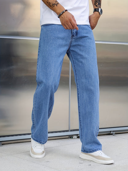 Men's Loose Fit Wide Leg Jeans, Street Style Stretch Casual Pants
