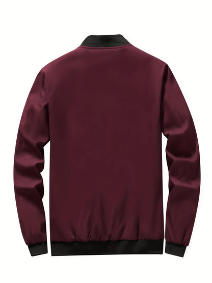 Men'S Casual Bomber Jacket - Maroon Zip-Up Baseball Coat with Black Trim, Long Sleeves, and Front Pockets for Casual Attire, Casual Outerwear | Stylish Casual Jacket | Polyester Lining