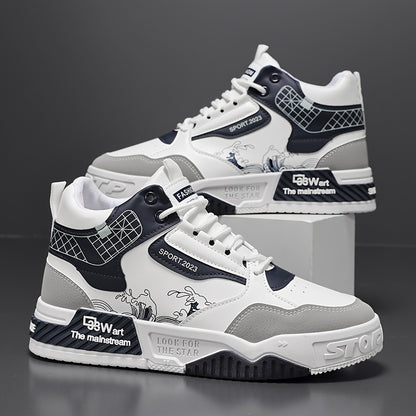 1pair Men'S Fashion Skateboarding Sneakers, High-Top Midsole with Lace-Up Closure, Faux Upper, Cartoon Wave Pattern, Comfortable Non-Slip PVC Sole, Breathable Fabric Lining, Casual Street Style Shoes for Outdoor Activities