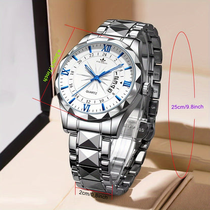 A New FOURRON Brand Men's Quartz Watch With Stainless Steel Strap And Case, Trendy And Luxurious Multi-functional Roman Numeral Dial, Luminous Watch, A Great Gift For Friends' Birthdays, Holidays, And Parties.