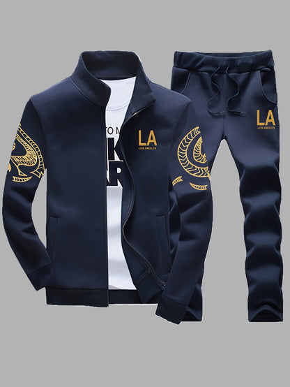 Men's Casual Print Sweatshirt & Joggers Set - Polyester, Stand Collar, Zip-Up Jacket for Spring/Fall
