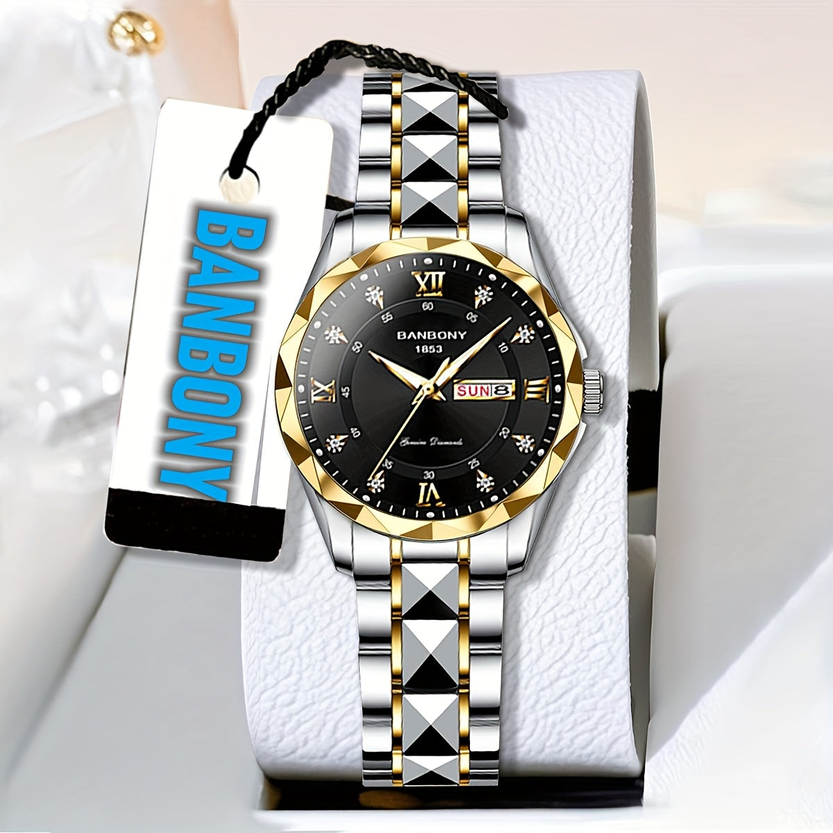 A BANBONY Fashion Brand Women'S Quartz Watch with a Stainless Steel Strap, Adorned with Rhinestones, IPX7 Waterproof, Luminous Display for The Week, Multifunctional Fully Automatic Casual Watch, Perfect Gift for Birthdays, Ho