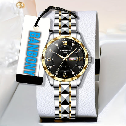 A BANBONY Fashion Brand Women'S Quartz Watch with a Stainless Steel Strap, Adorned with Rhinestones, IPX7 Waterproof, Luminous Display for The Week, Multifunctional Fully Automatic Casual Watch, Perfect Gift for Birthdays, Ho