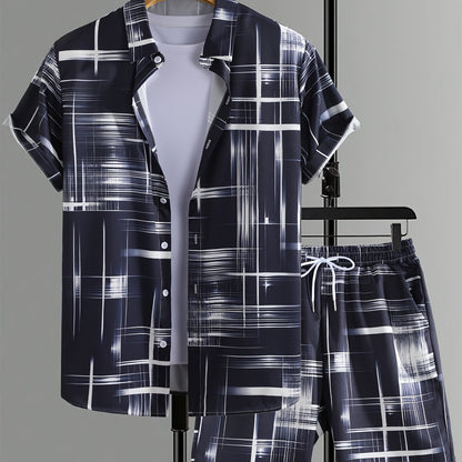 Men'S Stylish Gradient Shirt Set - Brown & White Geometric Pattern, Short Sleeve with Pocket, Loose Fit Shorts, Perfect for Beach, Camping, Fishing & Outdoor Activities, Casual Attire|Geometric Pattern Shirt|Woven Fabri