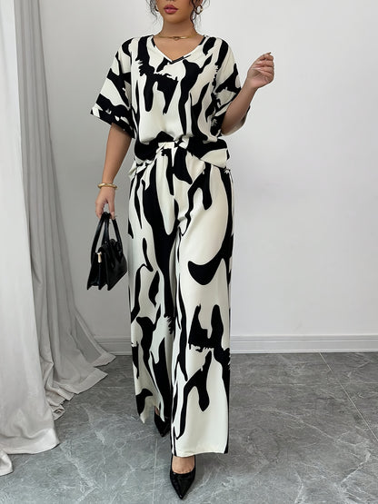 -Yy0207476-2pcs Women'S V-Neck Short-Sleeved Black And White Printed Casual Top And Pants Set