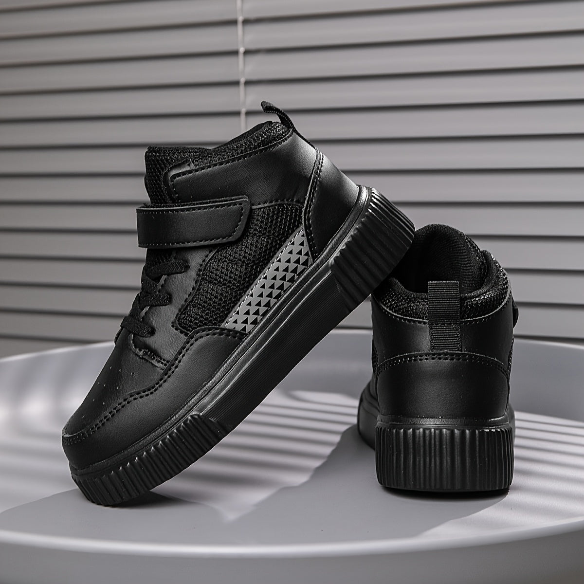 Youngsters' Black Mesh & PU High-Top Sneakers with Diamond Pattern - Breathable, Durable, Lightweight EVA Sole & Adjustable Hook-and-Loop Closure for School, Outdoor, Training - All-Season Versatile Play Shoes for Boys & Girl