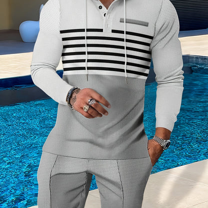 New Men's Casual Set Outdoor Versatile High Fashion Men's Hoodie Color blocked Striped Long Sleeve Top Long Pants Two Piece Set for Men