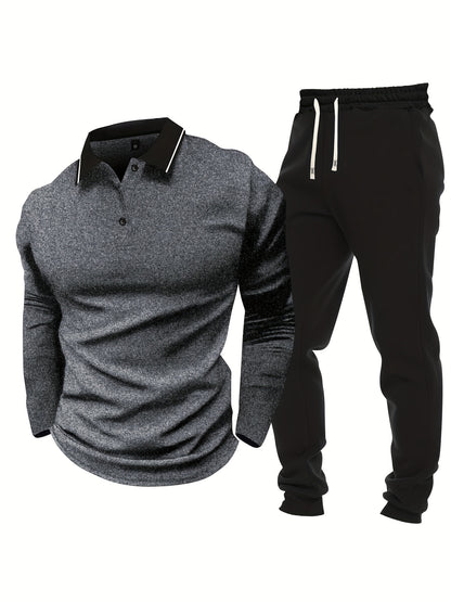 Men's Casual Color-Block Long Sleeve Button-Up Shirt & Drawstring Joggers Set - Polyester Blend, Pockets Included, Perfect for Spring/Fall