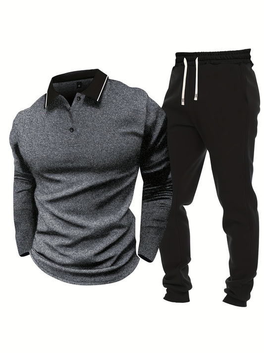 Men's Casual Color-Block Long Sleeve Button-Up Shirt & Drawstring Joggers Set - Polyester Blend, Pockets Included, Perfect for Spring/Fall