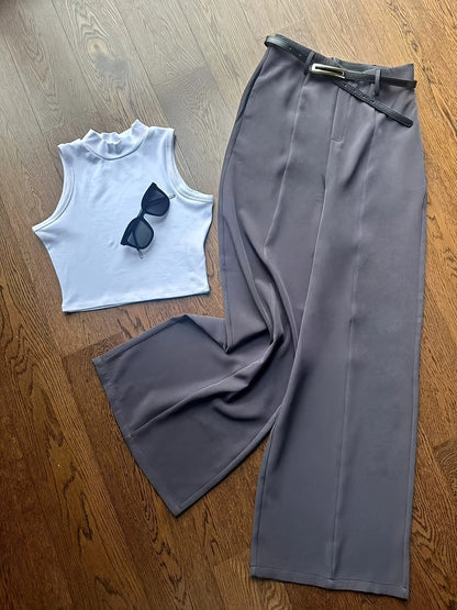 Summer Sexy Half-Turtleneck Sleeveless Vest + Versatile Western Flare Pants Set with Belt