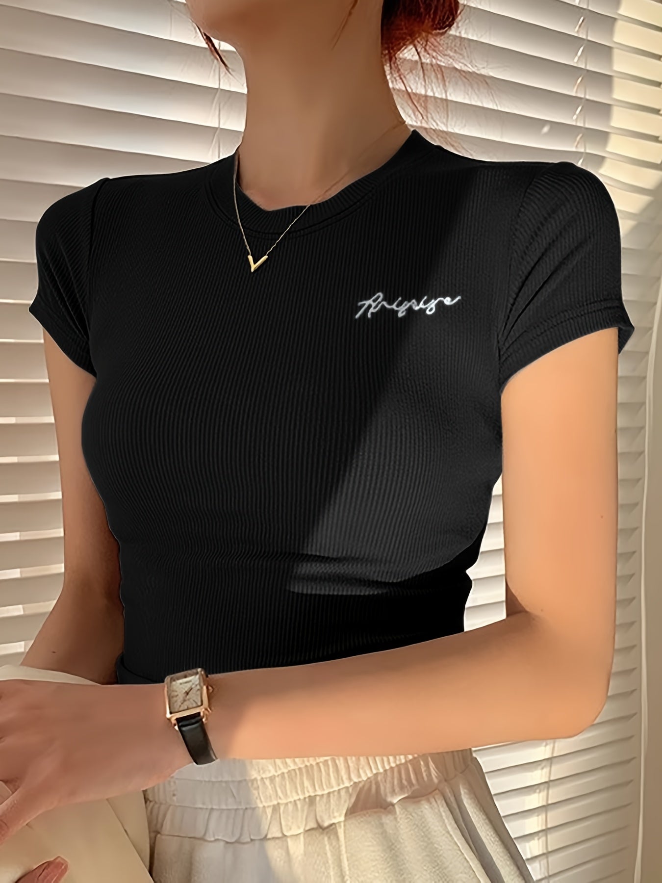 Women's Summer Slim Fit Short Sleeve T-Shirt - High Elasticity Breathable Fabric with Black Letter Embroidery, Versatile Casual & Office Wear, Elegant Collection, Cute Short Sleeve Tops, Everyday Comfort Tee, Slim Fit Tee, Sm