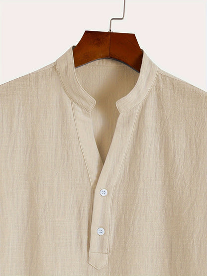 Men'S Classic Solid Color Pure Cotton And Bamboo Textured Breathable Fabric V-Neck Half-Button Design Suitable for Daily Casual Wear, Simple And Versatile, Stylish for Vacations, Hawaiian Style Light Blue Short-Sleeve Shirt.