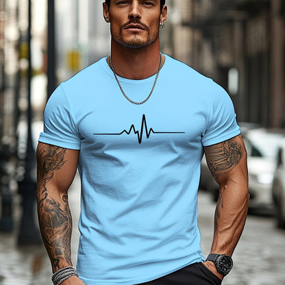 Men'S Brown T-Shirt with ECG Heartbeat Graphic - Casual Streetwear, Short Sleeve, Round Neck, Stretch Fabric, All-Season Comfort, Casual Streetwear Tee | Round Neck Tshirt | Comfortable Fit