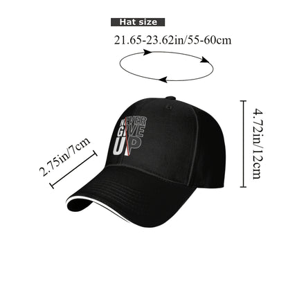 1 Pack Never Give Up Print Baseball Cap - Adjustable Snapback Dad Hat with Breathable Mesh Back, Funky Unisex Trucker Hat for Outdoor Fishing Driving, Black with White & Red Lettering, One Size Fits Most (53.34-63.5 cm)