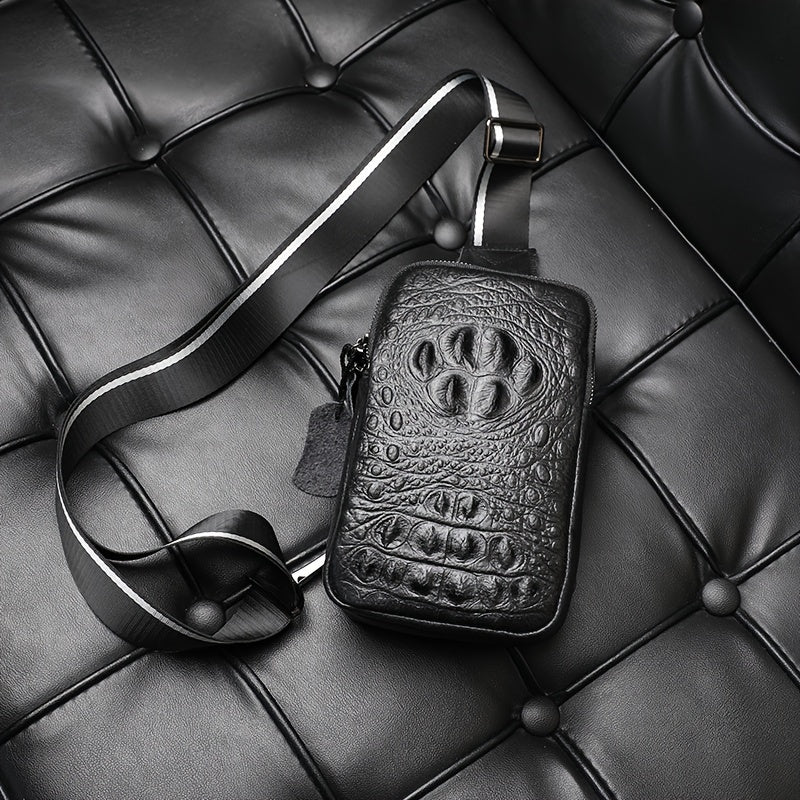 Men's Genuine Leather Crossbody Bag with Crocodile Pattern - Stylish Black Chest Bag for Casual Outings, Paw Print Design, Adjustable Strap, Perfect for Commuting or Travel, Small Crossbody Bag