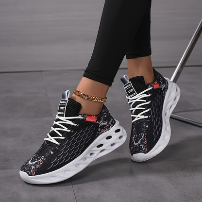 New Fish Scale Large Size Women's Couple Lace-Up Breathable Knitted Running Shoes, Fashion Casual Trendy Sports Sneakers with Perforated Soles and Comfortable High-Top Coconut Design