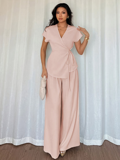 Stylish Women's Elegant Comfortable Solid Color Top and Loose Wide-Leg Pants Two-Piece Set, Suitable for Outings, Dates, Vacation