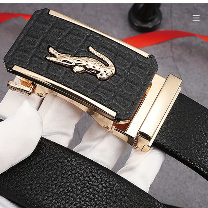 Men's Luxury Belt with Automatic Buckle - Adjustable 120-130cm, Formal & Casual Dress Belt, Alloy Construction for Everyday & Special Occasions - Sophisticated Men's Accessory, Belt Accessories, Stylish Crocodile Texture, Tex