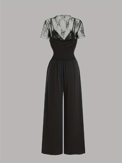 Elegant Mesh Long Sleeve Crop Top & Bodycon Wide-Leg Jumpsuit Set - Chic V-Neck, Ruched Detail, Black Mesh Blouse with Spaghetti Straps, Wide Leg Pants for Spring/Summer, Women'S Fashion, Clothing | Relaxed Fit | Chic Desig