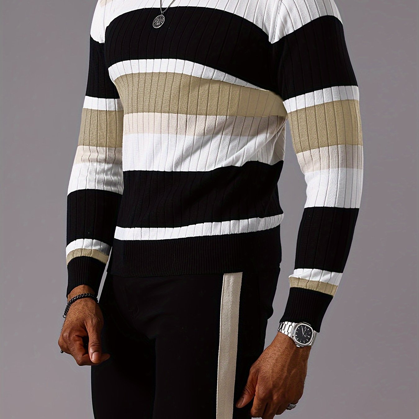 Men's Striped Color-Block Ribbed Knit Sweater - Long Sleeve Round Neck Pullover with Elastic Comfort Fit, Machine Washable Casual Fall Winter Top in Black/White/Green/Beige, Knit Sweater, Medium Elasticity