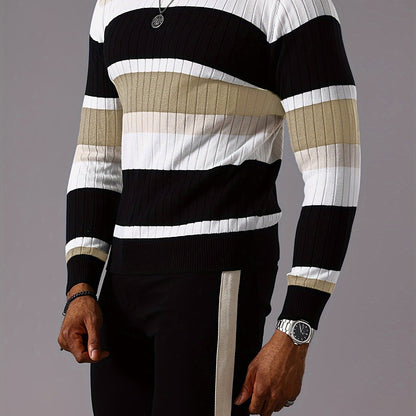 Men's Striped Color-Block Ribbed Knit Sweater - Long Sleeve Round Neck Pullover with Elastic Comfort Fit, Machine Washable Casual Fall Winter Top in Black/White/Green/Beige, Knit Sweater, Medium Elasticity