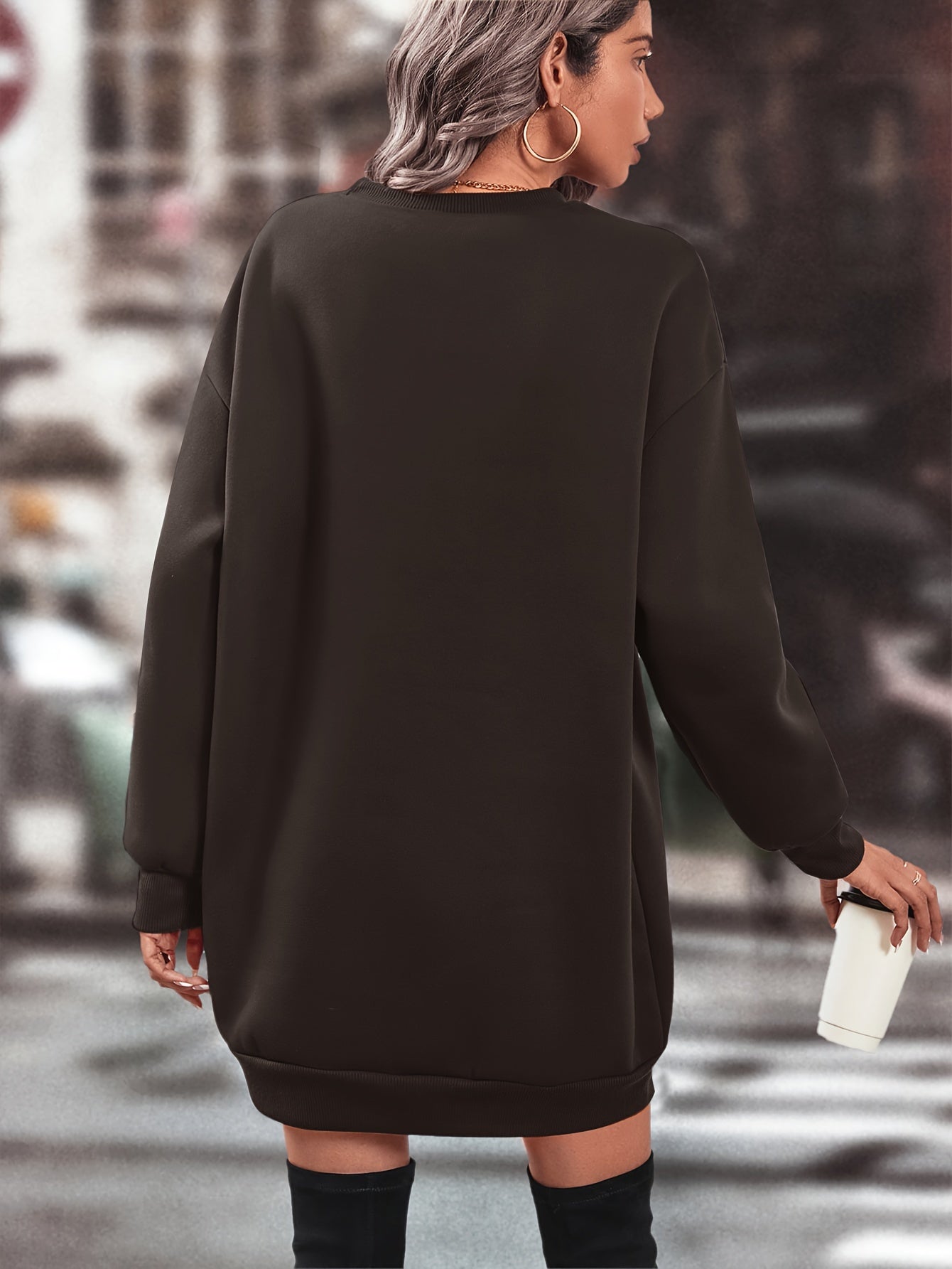 Elegant Women'S Fleece-Lined Sweatshirt Dress - Polyester Knit Fabric, Solid Color, Crew Neck, All-Season Loose Long Sleeve Casual Wear